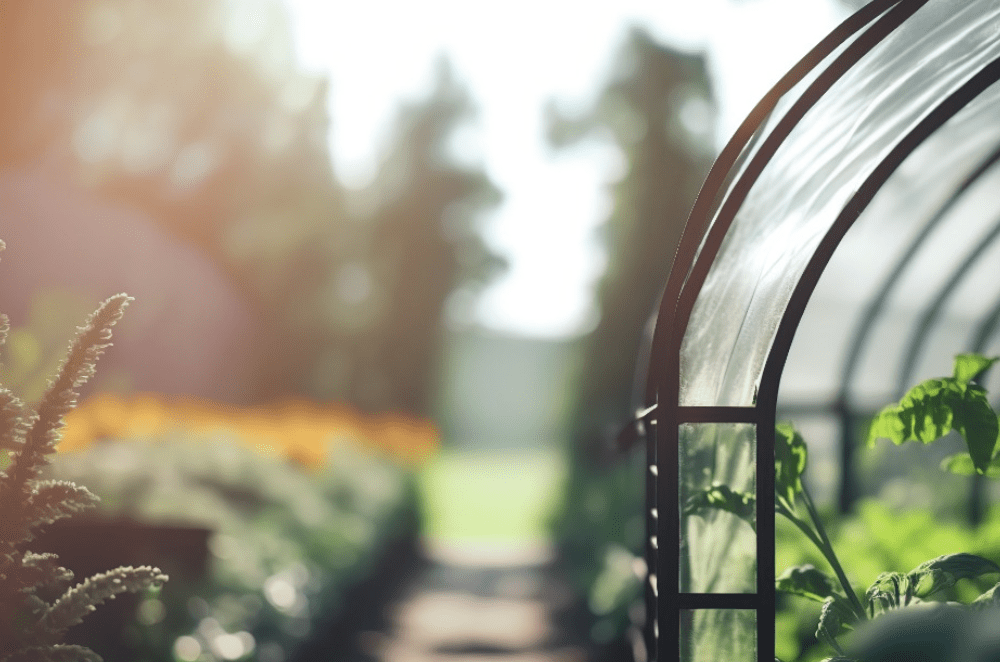 agri Greenhouse with greenery plants. Agricultural horizontal banner with copy space.