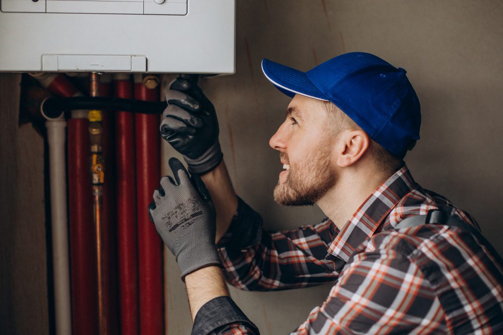 service-man-adjusting-house-heating-system service man adjusting house heating system