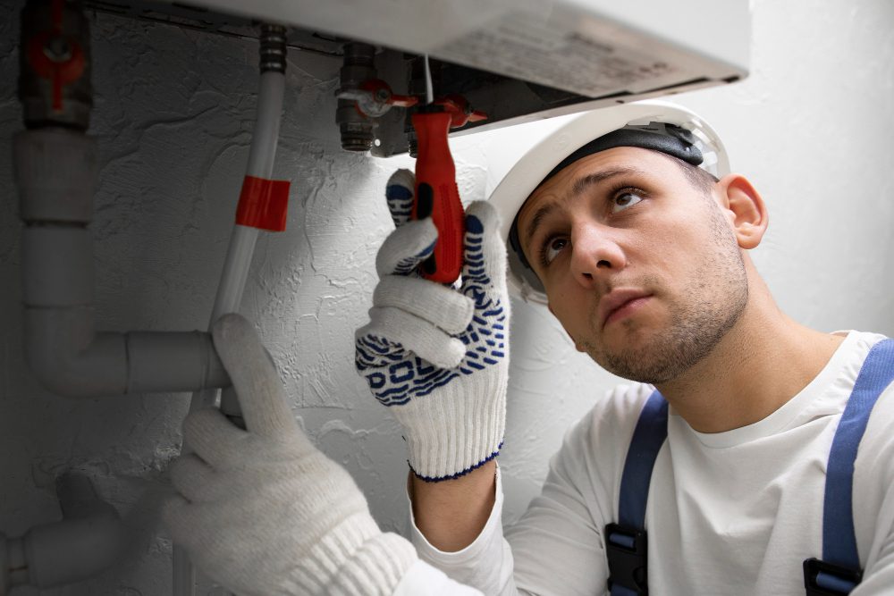 worker-repairing-water-heater worker repairing water heater